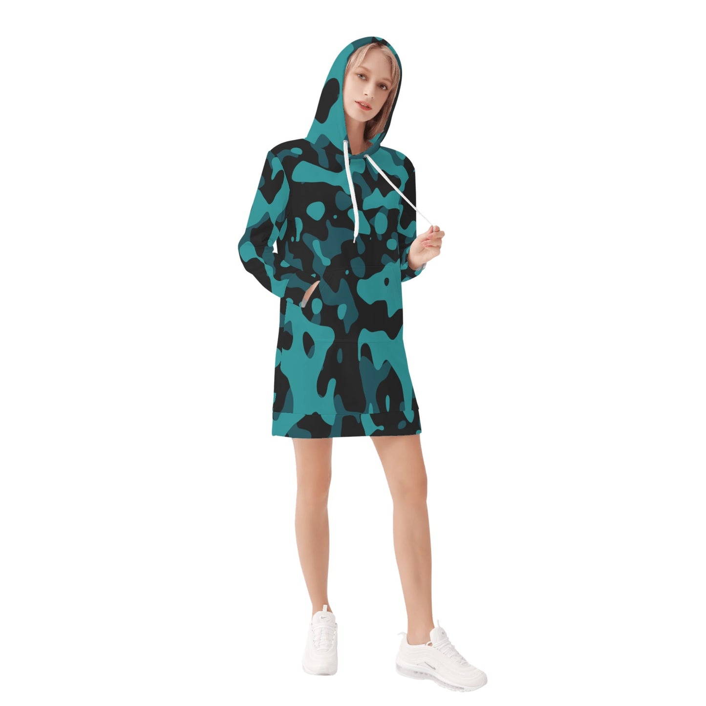 Türkiser Camouflage Velvet Hoodie Dress Hoodiekleid JLR Design