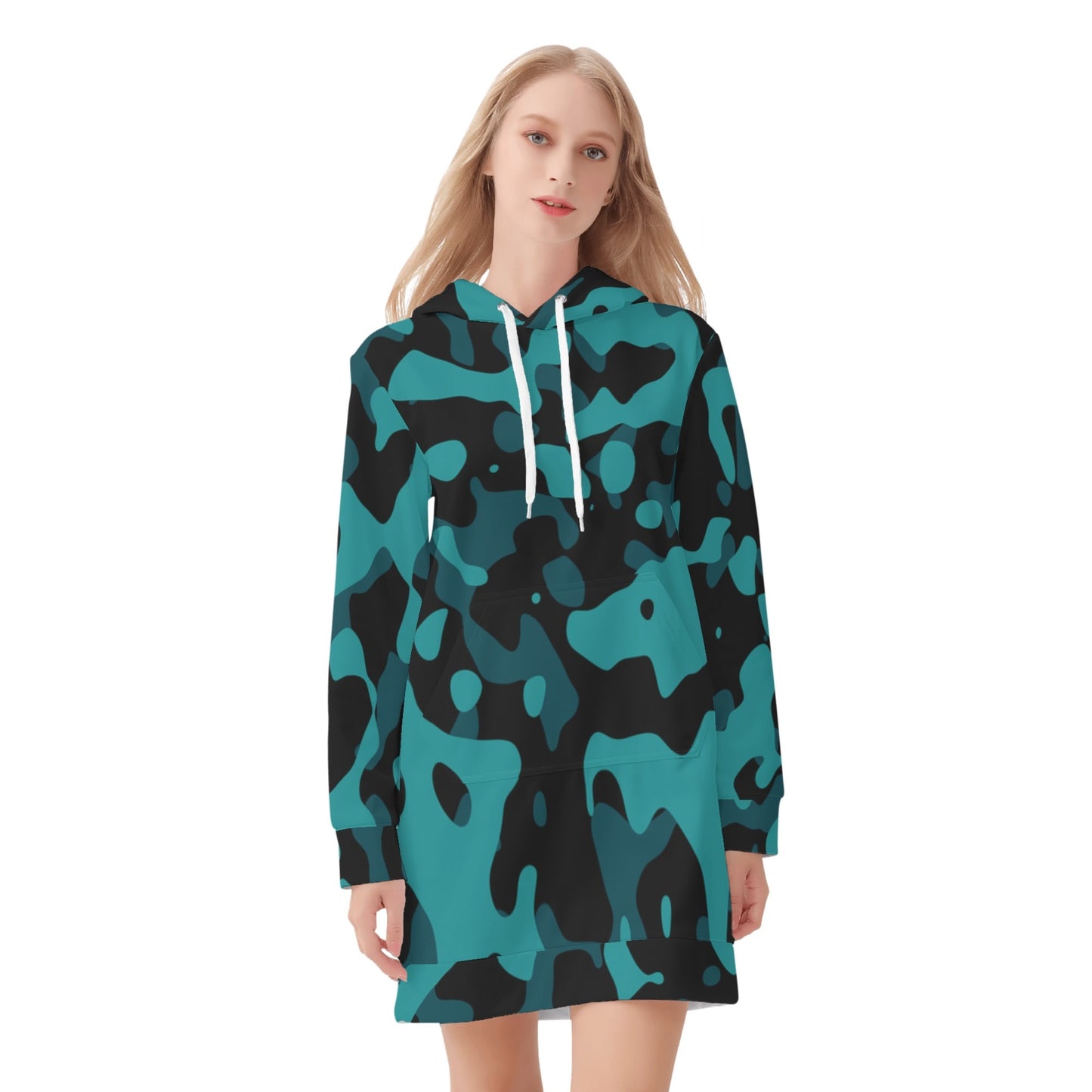 Türkiser Camouflage Velvet Hoodie Dress Hoodiekleid JLR Design