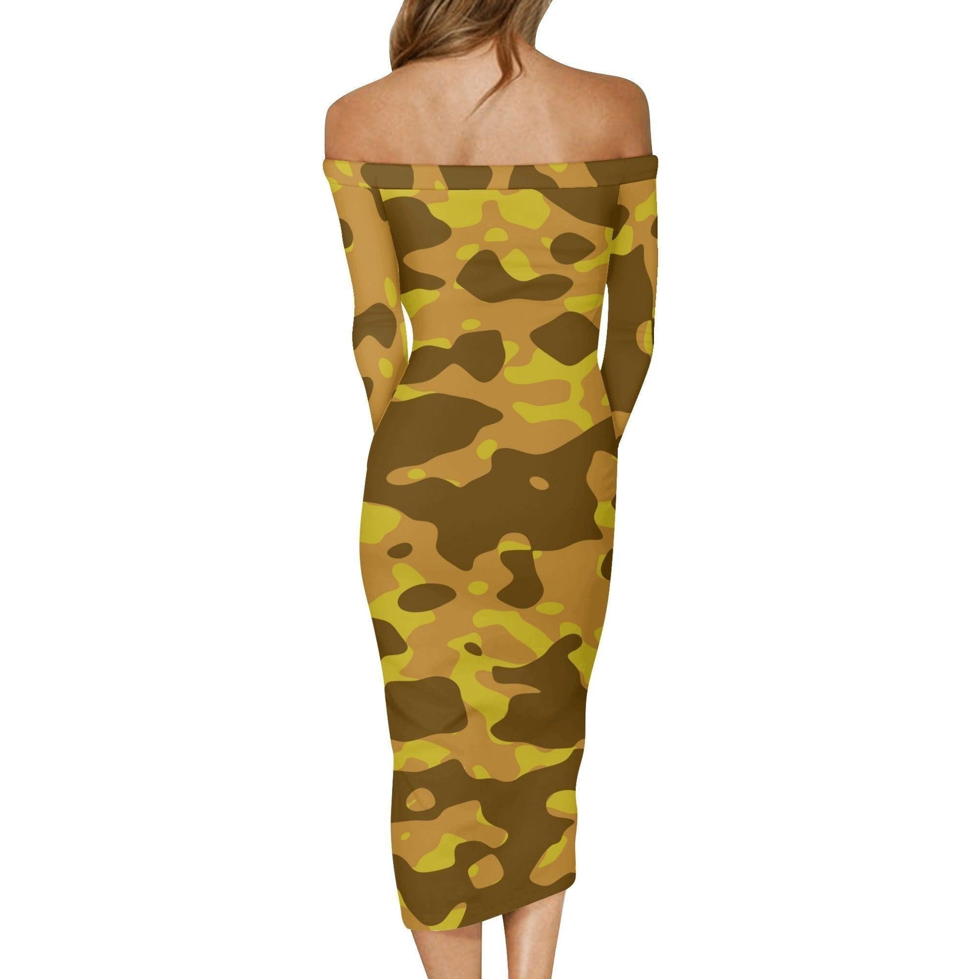 Yellow Camouflage Long Sleeve Off-Shoulder-Kleid -- Yellow Camouflage Long Sleeve Off-Shoulder-Kleid - undefined Off-Shoulder-Kleid | JLR Design