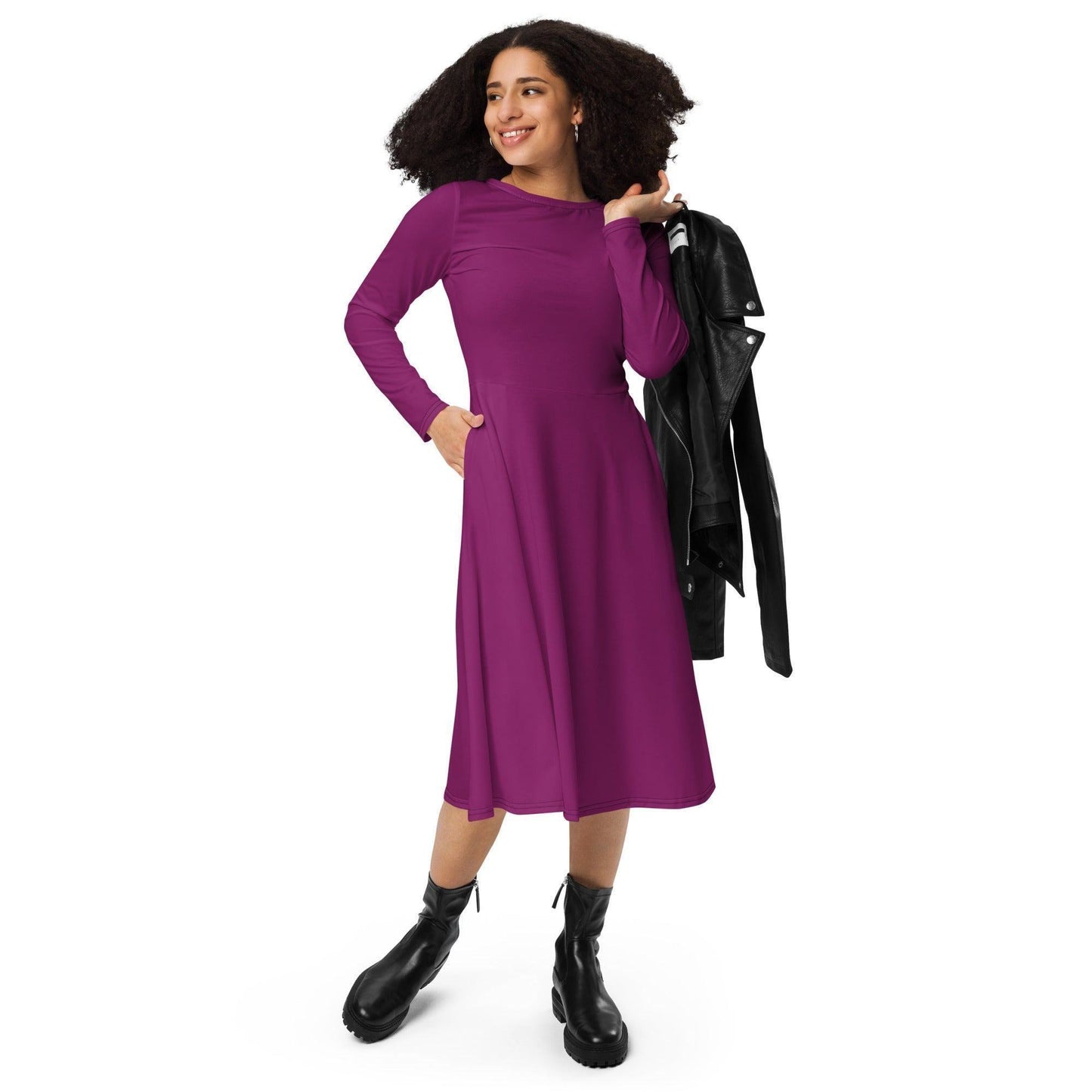 Aubergine langärmliges Midikleid Midikleid 61.99 aubergine, Boot-Ausschnitt, Damen, einfarbig, Elastan, eng anliegend, Frauen, Jersey, OEKOTEX100, Polyester, Premium, Seitentaschen, Strickstoff, Taille, Unterteil JLR Design