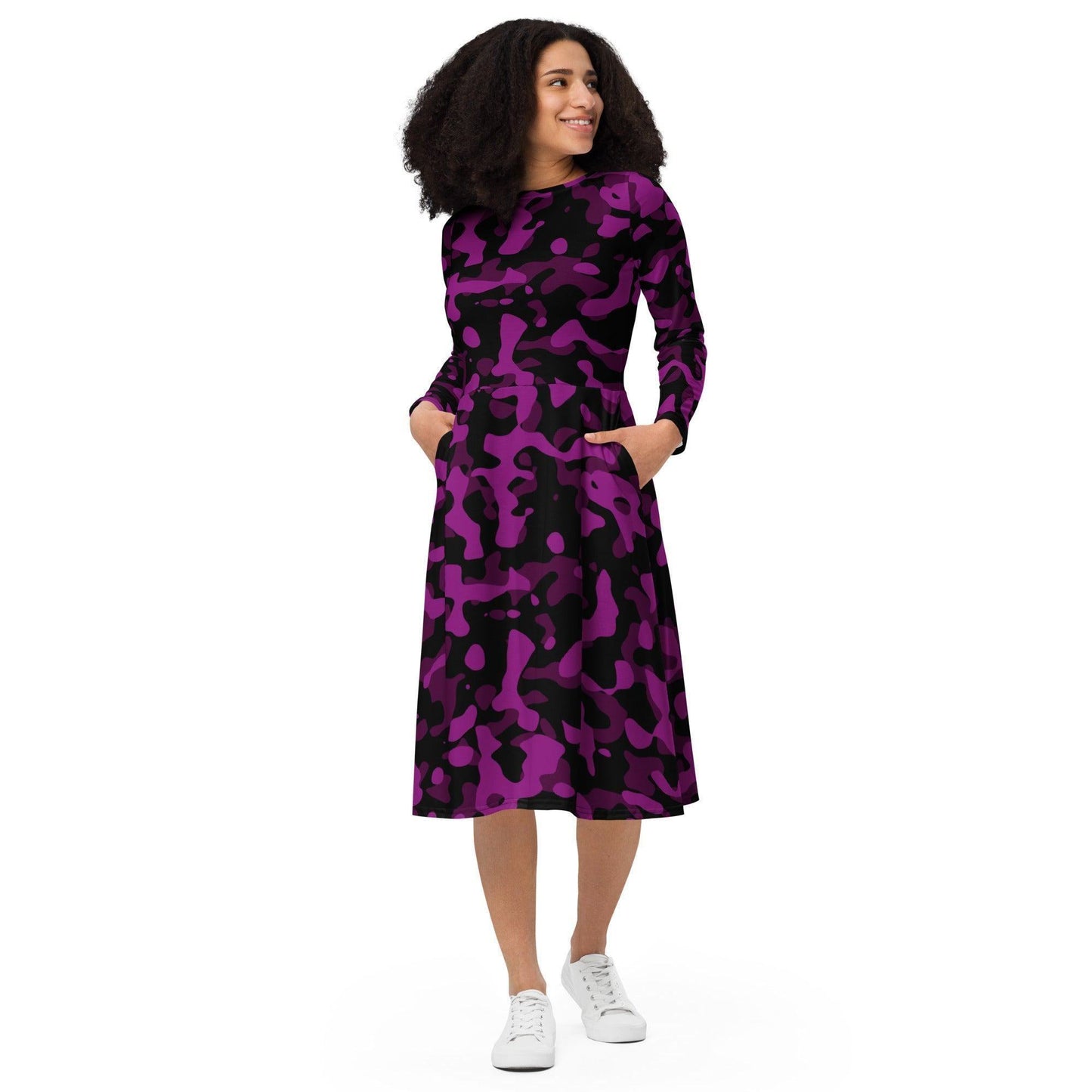 Black Violet Camouflage langärmliges Midikleid Midikleid 67.99 black, Boot-Ausschnitt, camo, camouflage, Damen, Elastan, eng anliegend, Frauen, Jersey, muster, OEKOTEX100, pattern, Polyester, Premium, purple, schwarz, Seitentaschen, Strickstoff, Taille, Unterteil, violet JLR Design