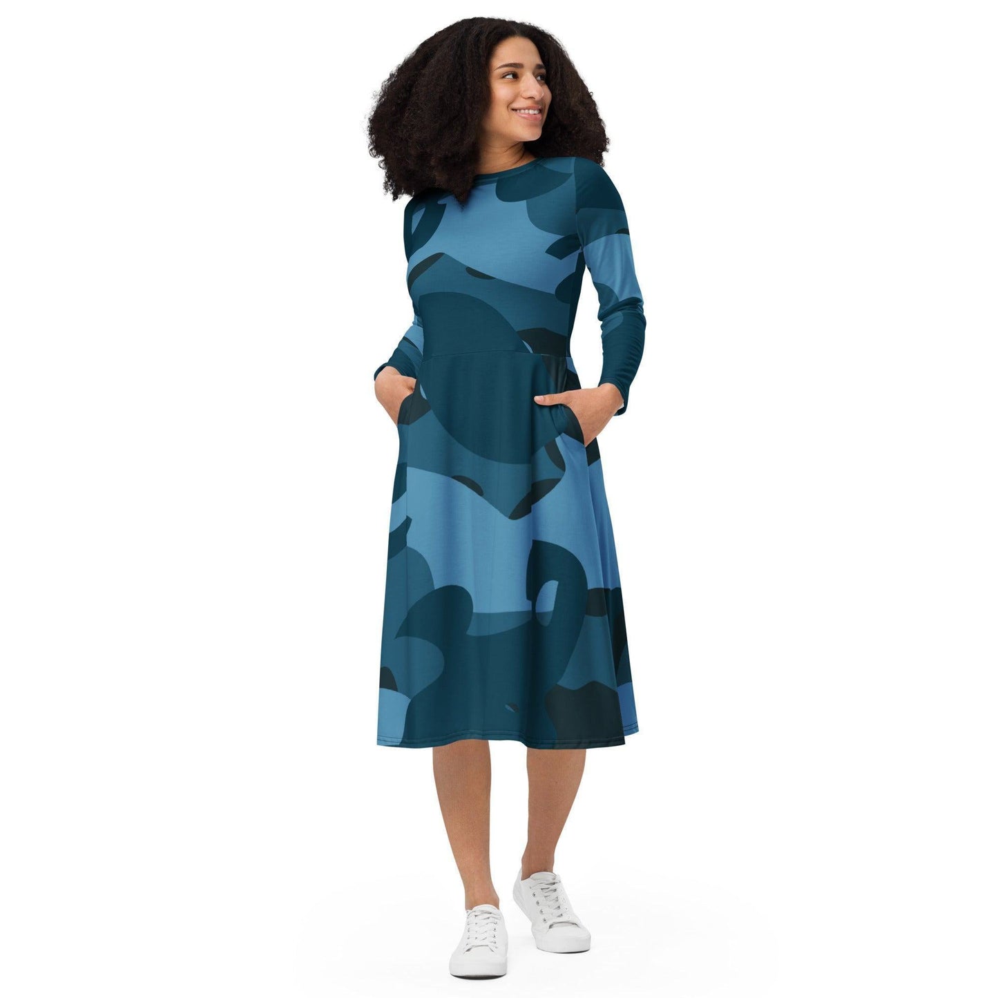 Blaues Camouflage langärmliges Midikleid Midikleid 67.99 blau, blue, Boot-Ausschnitt, camo, camouflage, Damen, Elastan, eng anliegend, Frauen, Jersey, muster, OEKOTEX100, pattern, Polyester, Premium, Seitentaschen, Strickstoff, Taille, Unterteil JLR Design