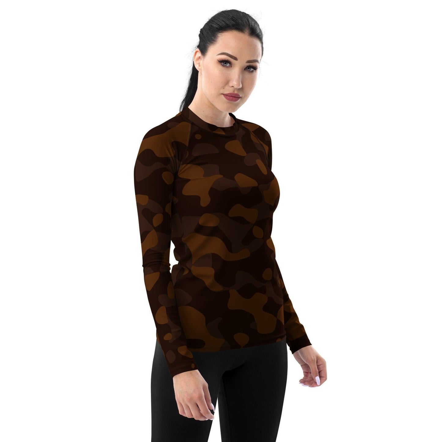 Braunes Camouflage Damen Rash Guard Rash Guard 59.99 4-Wege, Atmungsaktiv, bequem, braun, brown, Camo, Camouflage, Design, Elastan, Fashion, Flachnaht, Guard, Hautschutz, Kompression, Langarmshirt, Mode, Männermode, Outdoor, Pattern, Polyester, Rash, Sand, Schwimmen, Sonnenschutz, Sportbekleidung, Strandmode, Stretchstoff, Style, Surfen, Tarnmuster, trocknend, Wassersport, Wind JLR Design