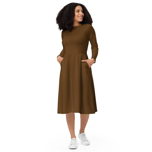 Braunes langärmliges Midikleid Midikleid 61.99 Boot-Ausschnitt, braun, brown, Damen, einfarbig, Elastan, eng anliegend, Frauen, Jersey, OEKOTEX100, Polyester, Premium, Seitentaschen, Strickstoff, Taille, Unterteil JLR Design