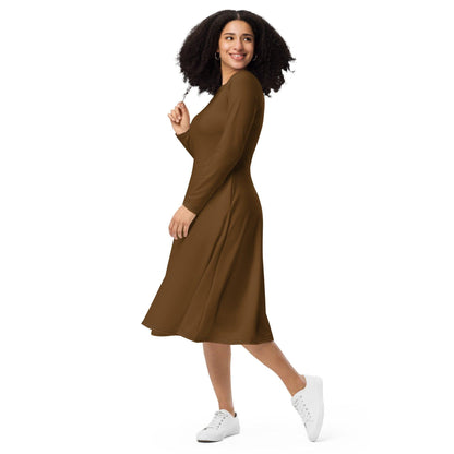 Braunes langärmliges Midikleid Midikleid 61.99 Boot-Ausschnitt, braun, brown, Damen, einfarbig, Elastan, eng anliegend, Frauen, Jersey, OEKOTEX100, Polyester, Premium, Seitentaschen, Strickstoff, Taille, Unterteil JLR Design