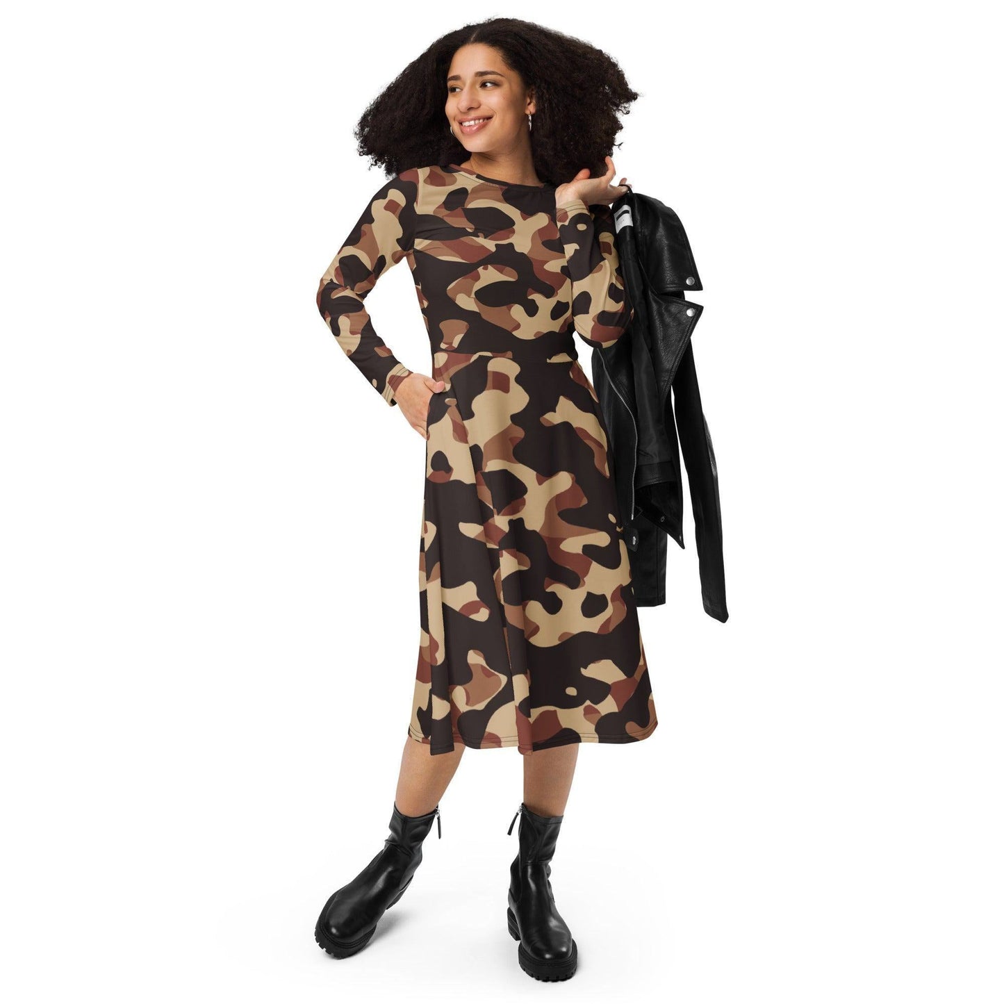 Brown Camouflage langärmliges Midikleid Midikleid 67.99 Boot-Ausschnitt, braun, brown, camo, camouflage, Damen, Elastan, eng anliegend, Frauen, Jersey, muster, OEKOTEX100, pattern, Polyester, Premium, Seitentaschen, Strickstoff, Taille, Unterteil JLR Design