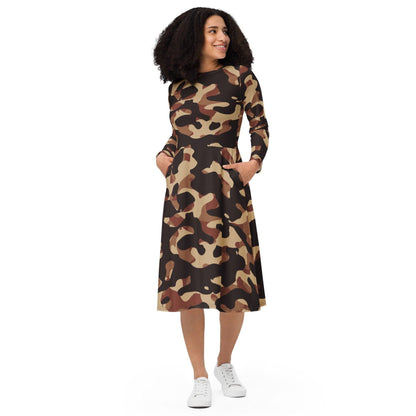 Brown Camouflage langärmliges Midikleid Midikleid 67.99 Boot-Ausschnitt, braun, brown, camo, camouflage, Damen, Elastan, eng anliegend, Frauen, Jersey, muster, OEKOTEX100, pattern, Polyester, Premium, Seitentaschen, Strickstoff, Taille, Unterteil JLR Design