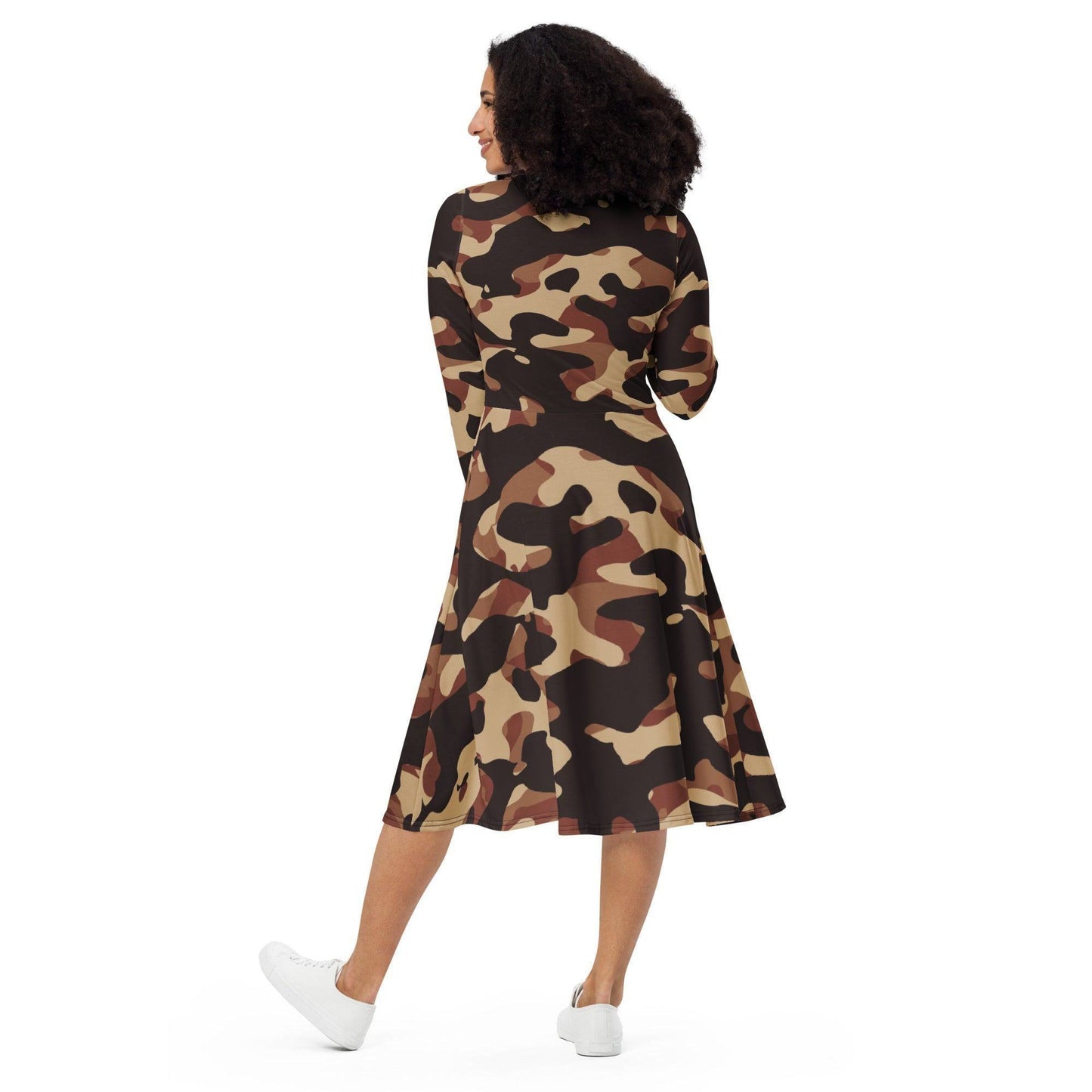 Brown Camouflage langärmliges Midikleid Midikleid 67.99 Boot-Ausschnitt, braun, brown, camo, camouflage, Damen, Elastan, eng anliegend, Frauen, Jersey, muster, OEKOTEX100, pattern, Polyester, Premium, Seitentaschen, Strickstoff, Taille, Unterteil JLR Design