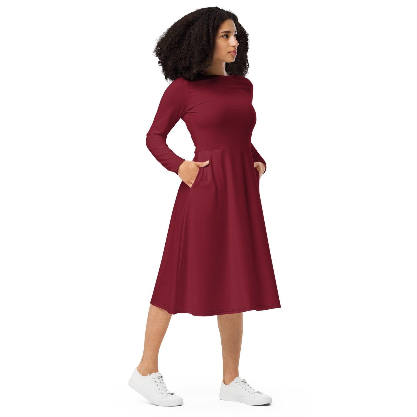 Burgund langärmliges Midikleid Midikleid 61.99 Boot-Ausschnitt, burgund, Damen, einfarbig, Elastan, eng anliegend, Frauen, Jersey, OEKOTEX100, Polyester, Premium, Seitentaschen, Strickstoff, Taille, Unterteil JLR Design