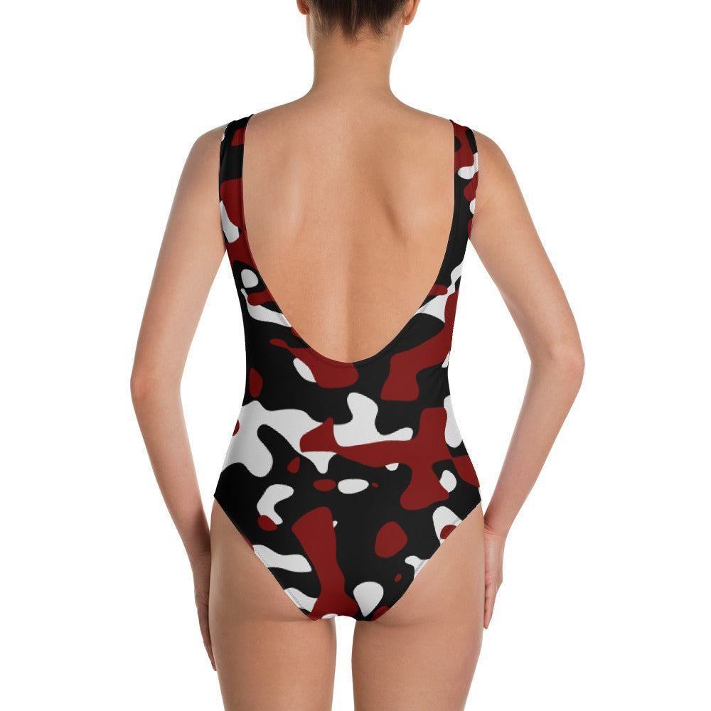 Einteiliger Schwarz Rot Weiß Camouflage Badeanzug mit Cheeky Passform Badeanzug JLR Design