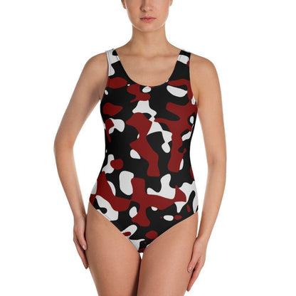 Einteiliger Schwarz Rot Weiß Camouflage Badeanzug mit Cheeky Passform Badeanzug JLR Design