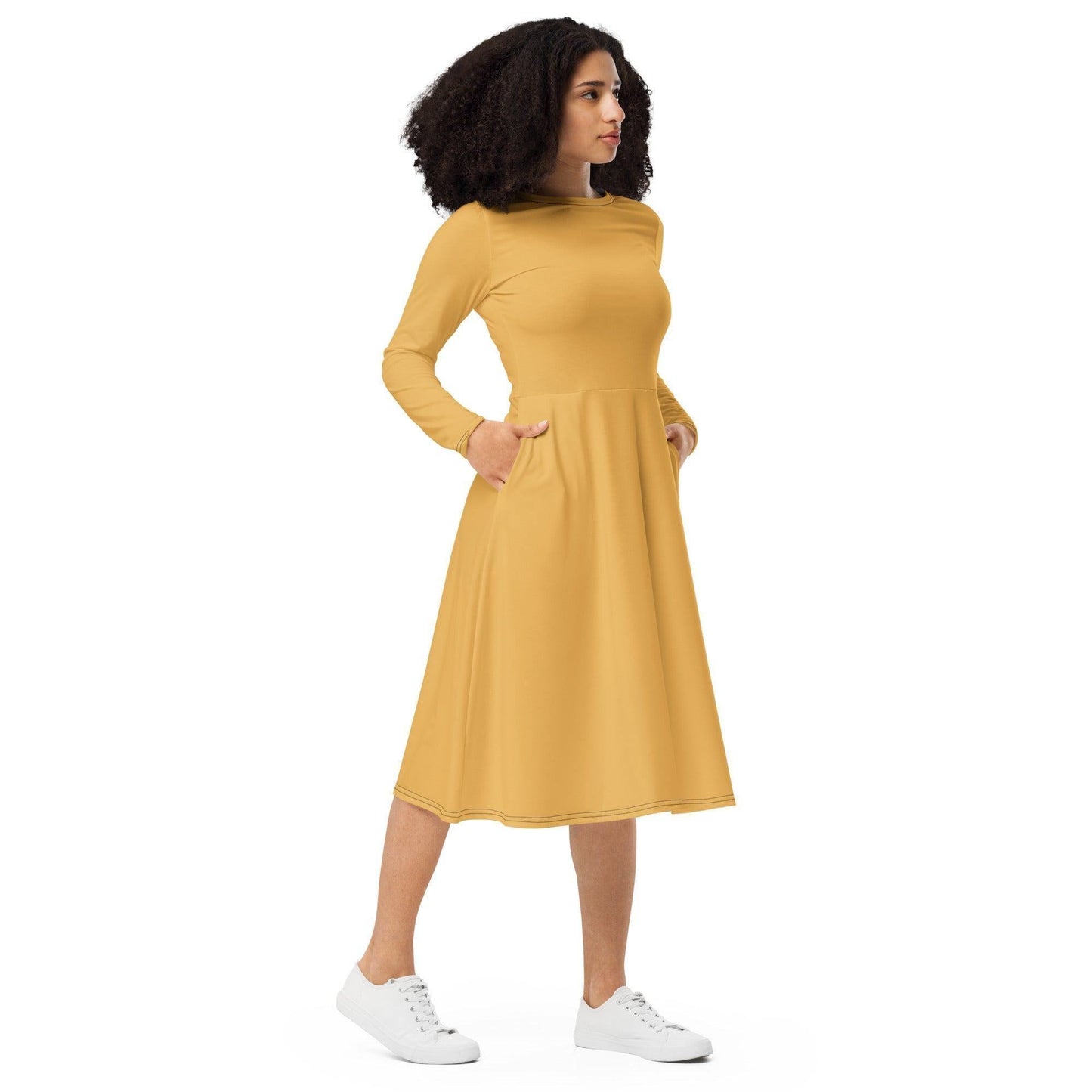 Harvest Gold langärmliges Midikleid Midikleid 61.99 Boot-Ausschnitt, Damen, einfarbig, Elastan, eng anliegend, Frauen, gold, harvest, Jersey, OEKOTEX100, Polyester, Premium, Seitentaschen, Strickstoff, Taille, Unterteil JLR Design