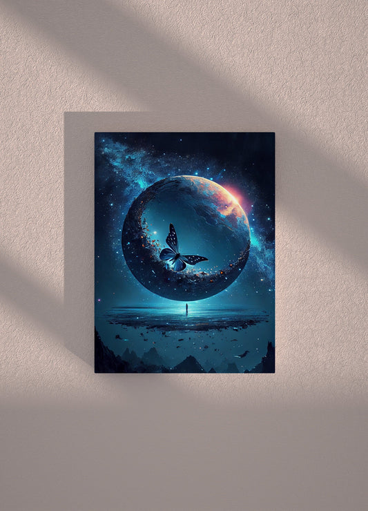 Moon Butterfly 40x30cm Metallposter Metallposter 54.99 40 x 30 cm, Alu, Aluminium, Butterfly, Default, Metal, Metallposter, Moon, Svergithz_enviromentA_lone_blue_butterfly_looking_over_a_calm_s_287e0655-6cf6-43c2-b51f-6c92397a1416 JLR Design