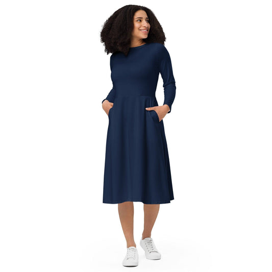 Navy langärmliges Midikleid Midikleid 61.99 blau, blue, Boot-Ausschnitt, Damen, einfarbig, Elastan, eng anliegend, Frauen, Jersey, navy, OEKOTEX100, Polyester, Premium, Seitentaschen, Strickstoff, Taille, Unterteil JLR Design