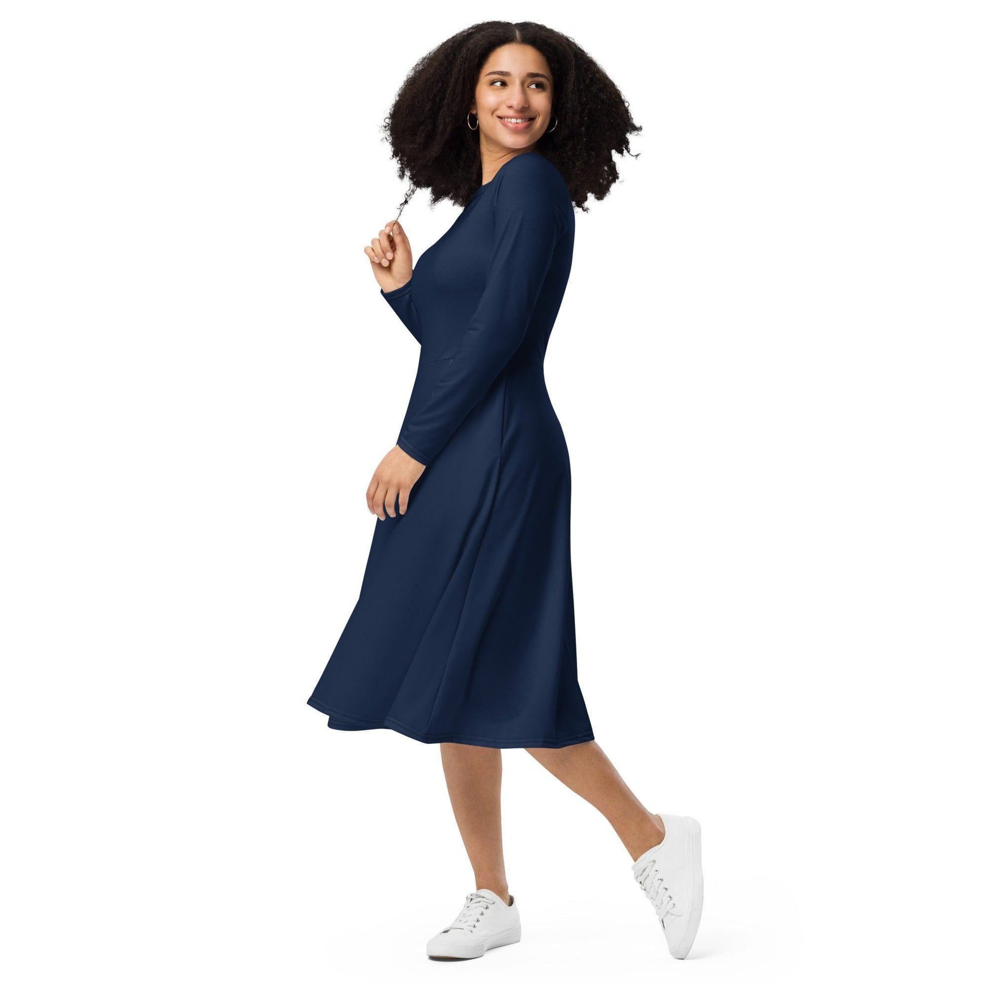 Navy langärmliges Midikleid Midikleid 61.99 blau, blue, Boot-Ausschnitt, Damen, einfarbig, Elastan, eng anliegend, Frauen, Jersey, navy, OEKOTEX100, Polyester, Premium, Seitentaschen, Strickstoff, Taille, Unterteil JLR Design