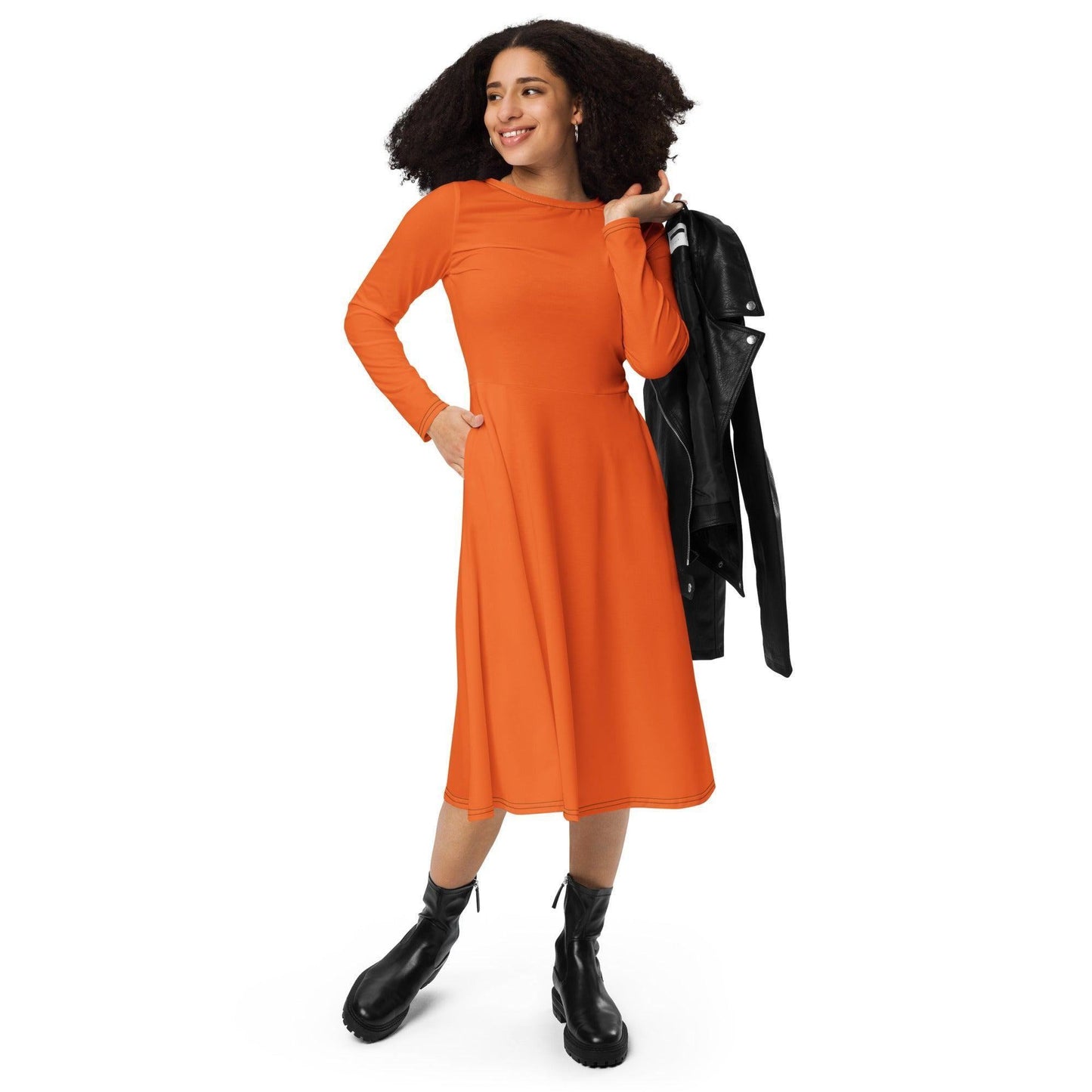 Oranges langärmliges Midikleid Midikleid 61.99 Boot-Ausschnitt, Damen, einfarbig, Elastan, eng anliegend, Frauen, Jersey, OEKOTEX100, orange, Polyester, Premium, Seitentaschen, Strickstoff, Taille, Unterteil JLR Design