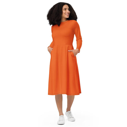 Oranges langärmliges Midikleid Midikleid 61.99 Boot-Ausschnitt, Damen, einfarbig, Elastan, eng anliegend, Frauen, Jersey, OEKOTEX100, orange, Polyester, Premium, Seitentaschen, Strickstoff, Taille, Unterteil JLR Design