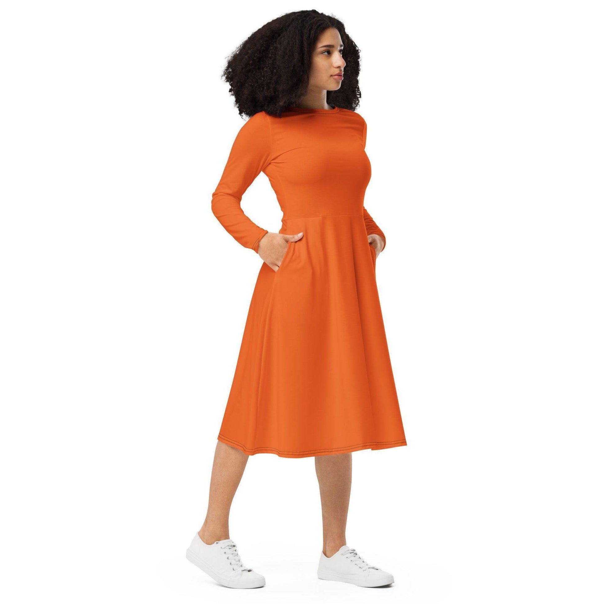 Oranges langärmliges Midikleid Midikleid 61.99 Boot-Ausschnitt, Damen, einfarbig, Elastan, eng anliegend, Frauen, Jersey, OEKOTEX100, orange, Polyester, Premium, Seitentaschen, Strickstoff, Taille, Unterteil JLR Design