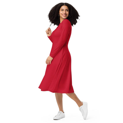 Rotes langärmliges Midikleid Midikleid 61.99 Boot-Ausschnitt, Damen, einfarbig, Elastan, eng anliegend, Frauen, Jersey, OEKOTEX100, Polyester, Premium, red, rot, Seitentaschen, Strickstoff, Taille, Unterteil JLR Design