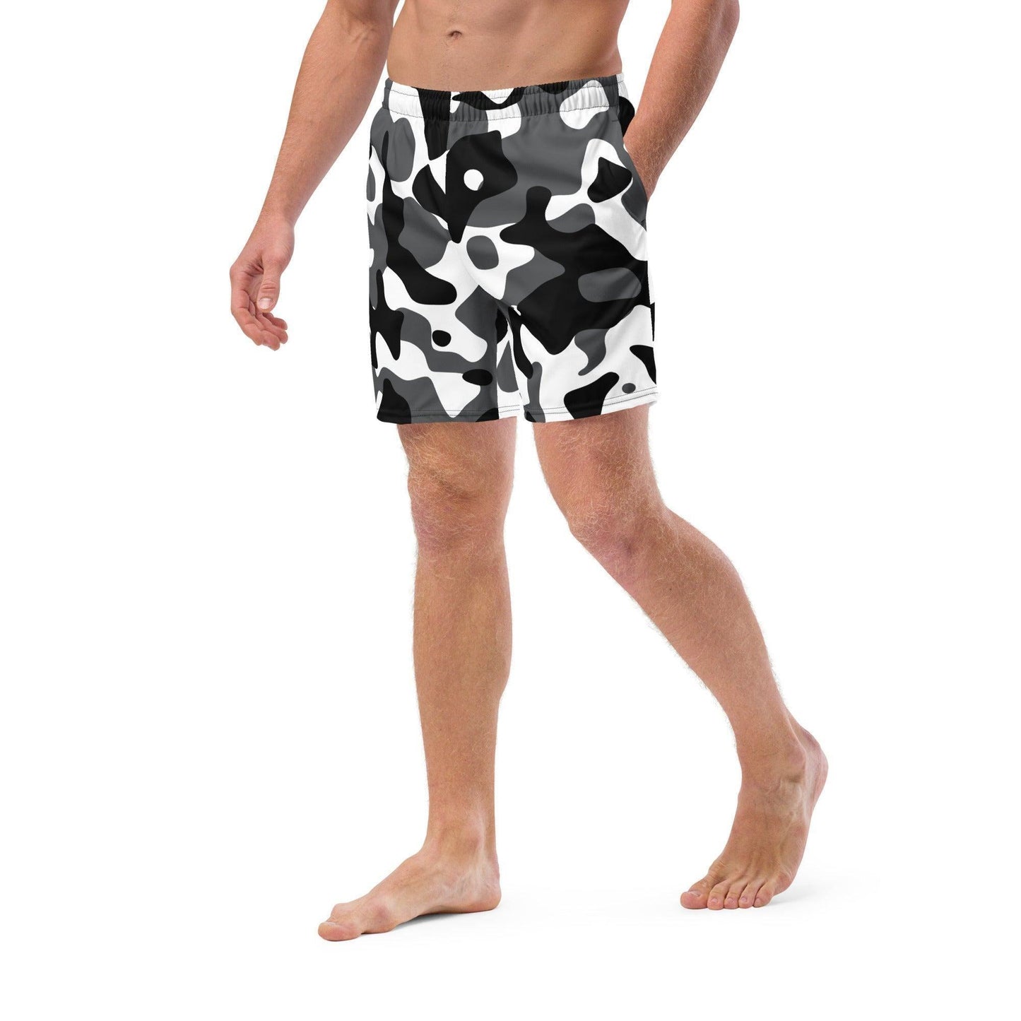 Schwarz Grau Camouflage Herren Badehosen Badehose 64.99 Badehose, Badevergnügen, black, Camo, Camouflage, Elastan, Grau, grey, Herren, Hüftband, Innenfutter, Komfort, Kordelzug, Mann, Muster, Männer, Passform, Pattern, Polyester, Pool, recycelt, Scheuerschutz, Schwarz, See, Tarnmuster, trocknend, Weiß, white JLR Design