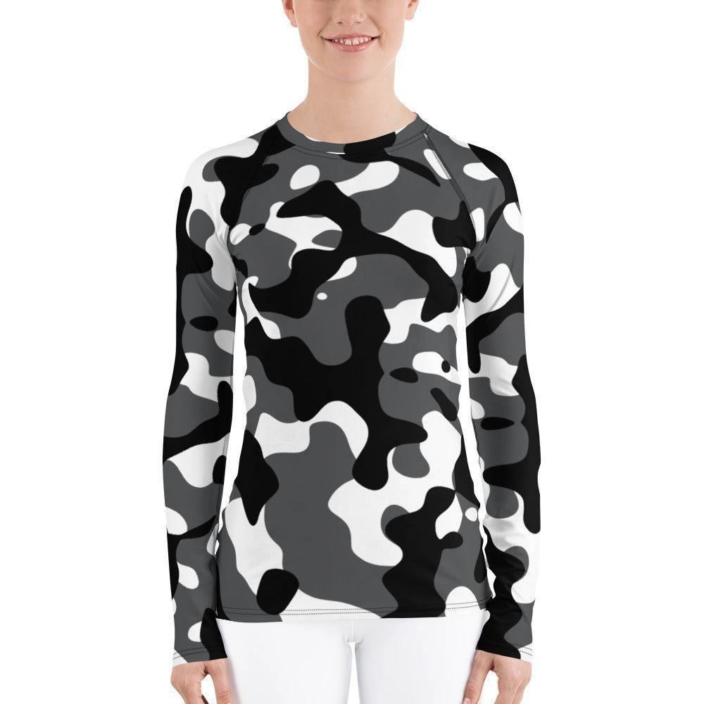 Schwarz Grau Weiß Camouflage Damen Rash Guard Rash Guard 59.99 4-Wege, Atmungsaktiv, bequem, Black, Camo, Camouflage, Design, Elastan, Fashion, Flachnaht, Grau, grey, Guard, Hautschutz, Kompression, Langarmshirt, Mode, Männermode, Outdoor, Pattern, Polyester, Rash, Sand, Schwarz, Schwimmen, Sonnenschutz, Sportbekleidung, Strandmode, Stretchstoff, Style, Surfen, Tarnmuster, trocknend, Wassersport, Weiß, White, Wind JLR Design