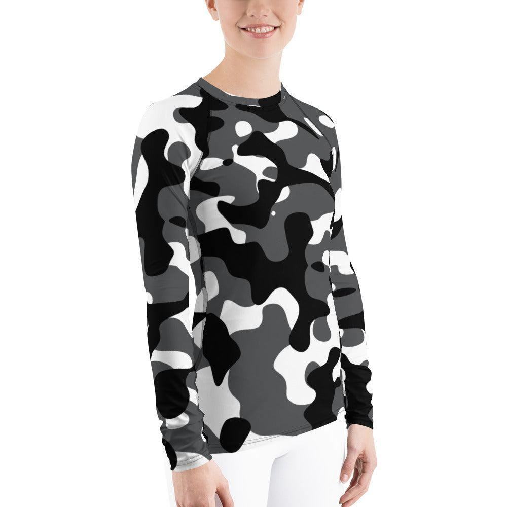 Schwarz Grau Weiß Camouflage Damen Rash Guard Rash Guard 59.99 4-Wege, Atmungsaktiv, bequem, Black, Camo, Camouflage, Design, Elastan, Fashion, Flachnaht, Grau, grey, Guard, Hautschutz, Kompression, Langarmshirt, Mode, Männermode, Outdoor, Pattern, Polyester, Rash, Sand, Schwarz, Schwimmen, Sonnenschutz, Sportbekleidung, Strandmode, Stretchstoff, Style, Surfen, Tarnmuster, trocknend, Wassersport, Weiß, White, Wind JLR Design