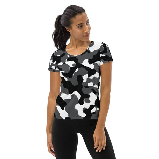 Schwarz Grau Weiß Camouflage Sport-T-Shirt für Damen -- Schwarz Grau Weiß Camouflage Sport-T-Shirt für Damen - XS Sport T-Shirt | JLR Design