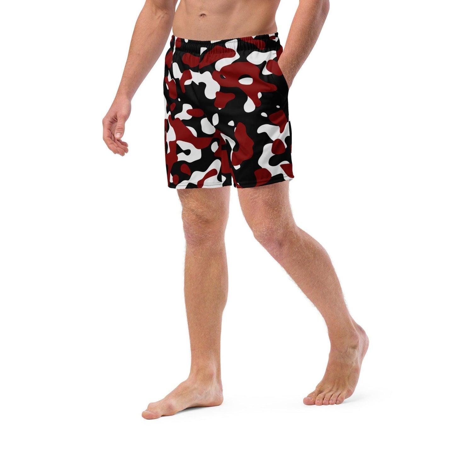 Schwarz Rot Weiß Camouflage Herren Badehosen Badehose 64.99 Badehose, Badevergnügen, black, Camo, Camouflage, Elastan, Herren, Hüftband, Innenfutter, Komfort, Kordelzug, Mann, Muster, Männer, Passform, Pattern, Polyester, Pool, recycelt, red, Rot, Scheuerschutz, Schwarz, See, Tarnmuster, trocknend, Weiß, white JLR Design