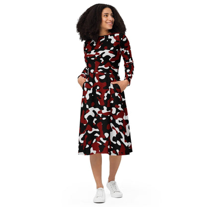 Schwarz Rot Weiß Camouflage langärmliges Midikleid Midikleid 67.99 black, Boot-Ausschnitt, camo, camouflage, Damen, Elastan, eng anliegend, Frauen, Jersey, muster, OEKOTEX100, pattern, Polyester, Premium, red, rot, schwarz, Seitentaschen, Strickstoff, Taille, Unterteil, weiß, white JLR Design