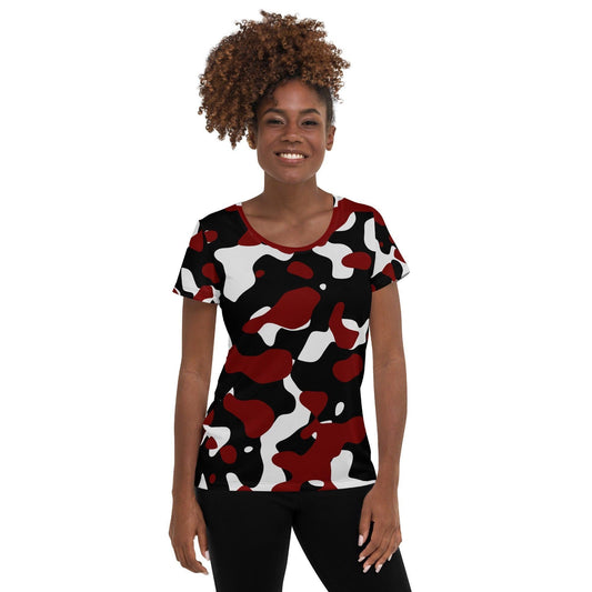 Schwarz Rot Weiß Camouflage Sport-T-Shirt für Damen -- Schwarz Rot Weiß Camouflage Sport-T-Shirt für Damen - XS Sport T-Shirt | JLR Design