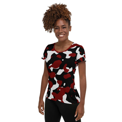 Schwarz Rot Weiß Camouflage Sport-T-Shirt für Damen -- Schwarz Rot Weiß Camouflage Sport-T-Shirt für Damen - XS Sport T-Shirt | JLR Design