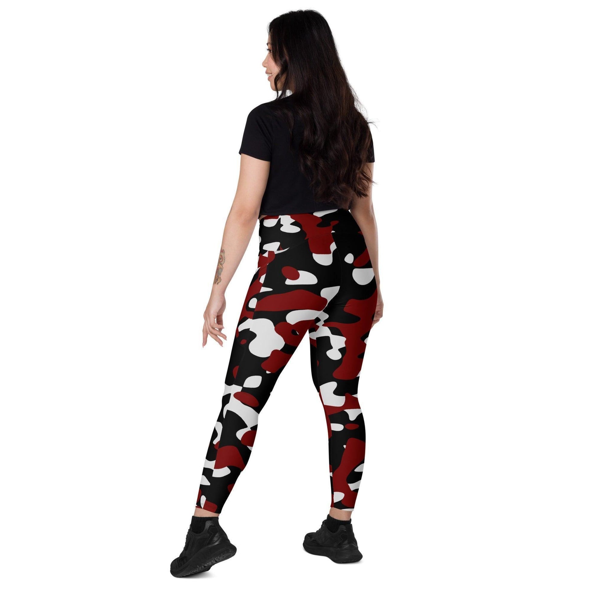 Schwarz Rot Weiß Damen V-Bund Leggings mit Taschen -- Schwarz Rot Weiß Damen V-Bund Leggings mit Taschen - undefined V-Bund Leggings | JLR Design