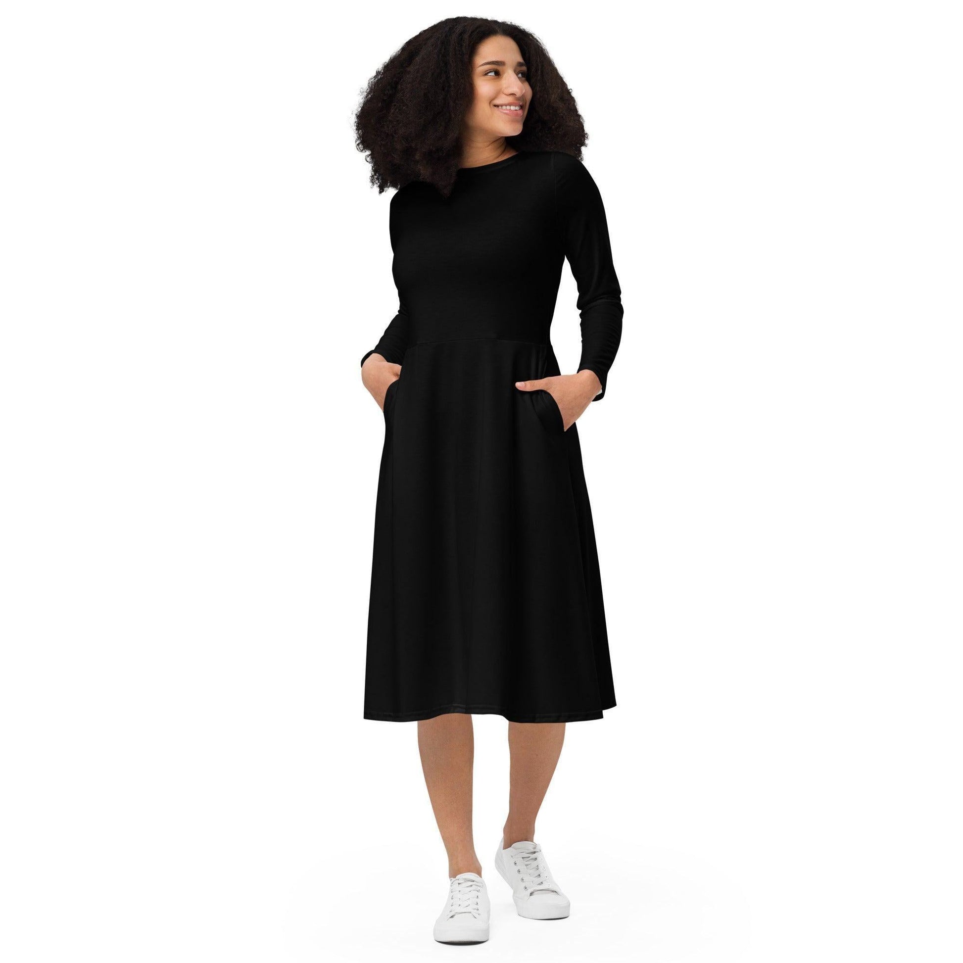 Schwarzes langärmliges Midikleid Midikleid 61.99 black, Boot-Ausschnitt, Damen, einfarbig, Elastan, eng anliegend, Frauen, Jersey, OEKOTEX100, Polyester, Premium, schwarz, Seitentaschen, Strickstoff, Taille, Unterteil JLR Design