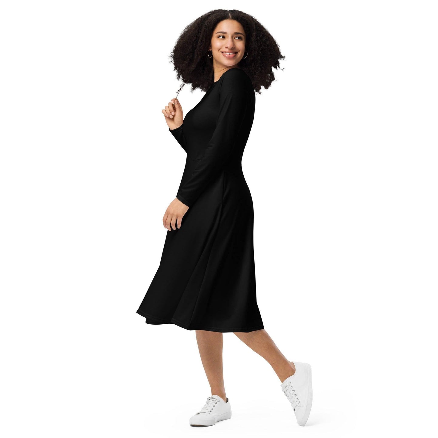 Schwarzes langärmliges Midikleid Midikleid 61.99 black, Boot-Ausschnitt, Damen, einfarbig, Elastan, eng anliegend, Frauen, Jersey, OEKOTEX100, Polyester, Premium, schwarz, Seitentaschen, Strickstoff, Taille, Unterteil JLR Design