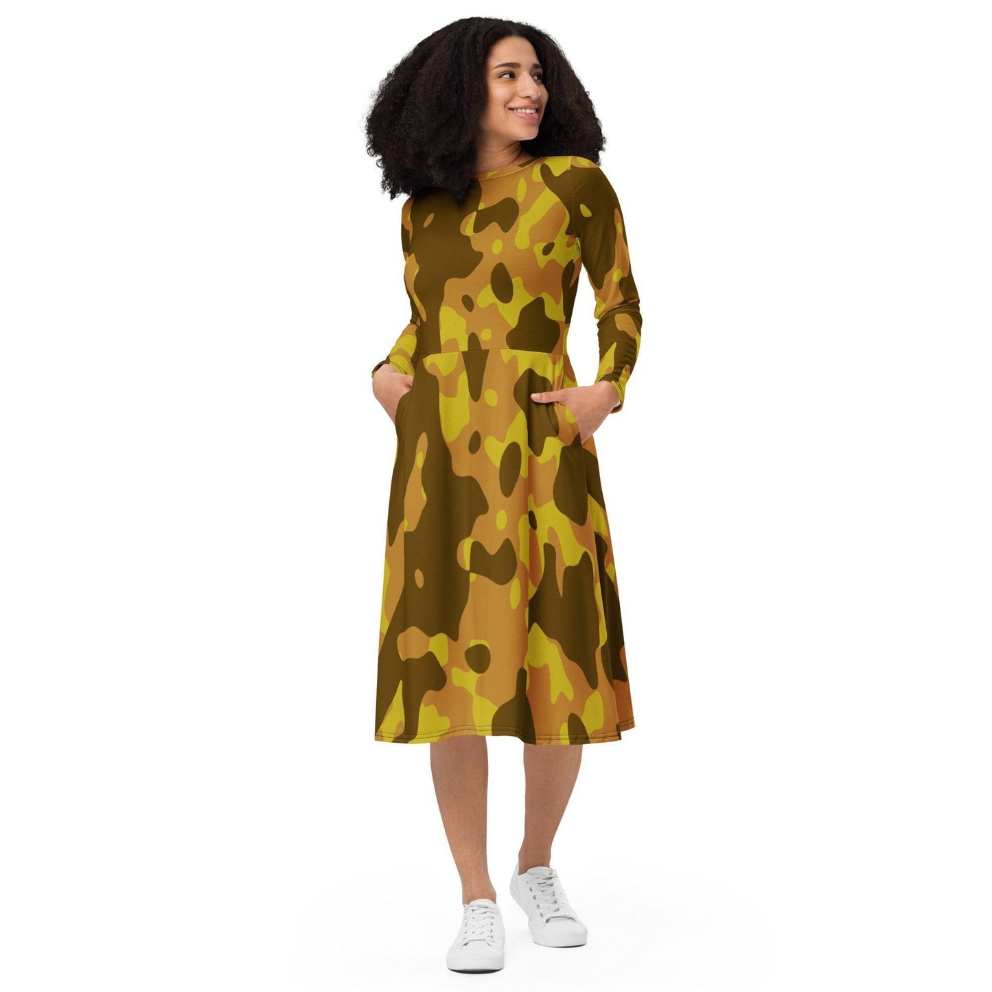 Yellow Camouflage langärmliges Midikleid Midikleid 67.99 Boot-Ausschnitt, camo, camouflage, Damen, Elastan, eng anliegend, Frauen, gelb, Jersey, muster, OEKOTEX100, pattern, Polyester, Premium, Seitentaschen, Strickstoff, Taille, Unterteil, yellow JLR Design