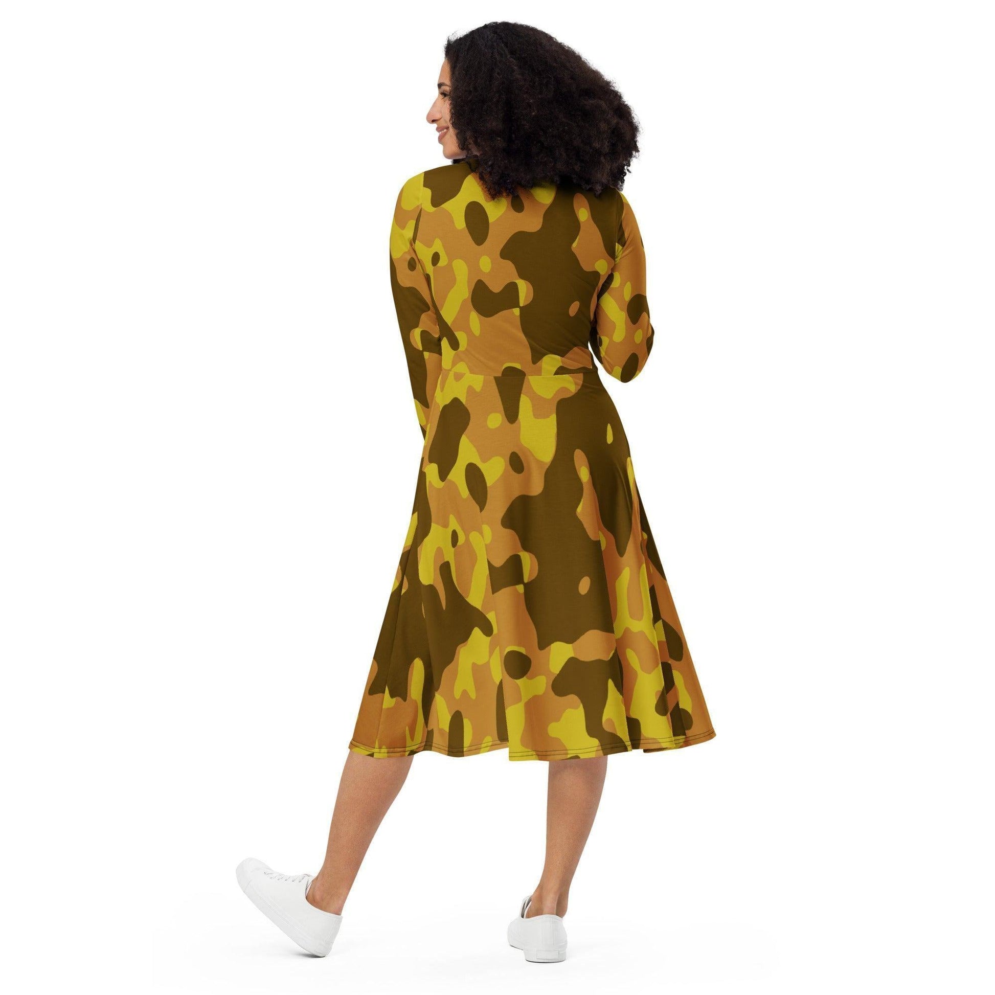 Yellow Camouflage langärmliges Midikleid Midikleid 67.99 Boot-Ausschnitt, camo, camouflage, Damen, Elastan, eng anliegend, Frauen, gelb, Jersey, muster, OEKOTEX100, pattern, Polyester, Premium, Seitentaschen, Strickstoff, Taille, Unterteil, yellow JLR Design